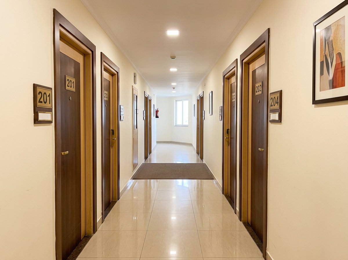 Clean Tiled Corridor and Numbered Guest Rooms